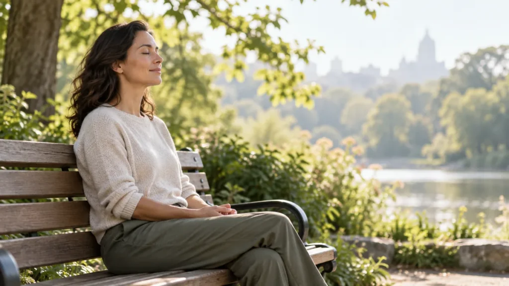 A woman sitting quietly on a park bench with her eyes closed.