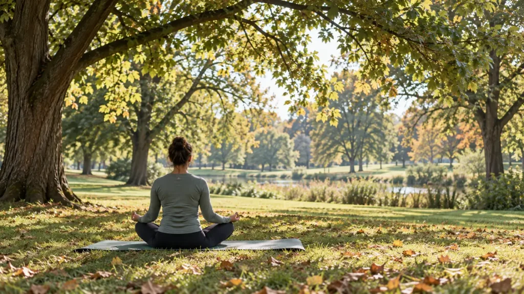A person sitting on a yoga mat beneath mature trees in a leafy park.
