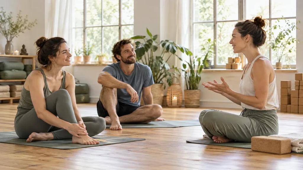 Two beginners listening to a yoga teacher in a bright studio.